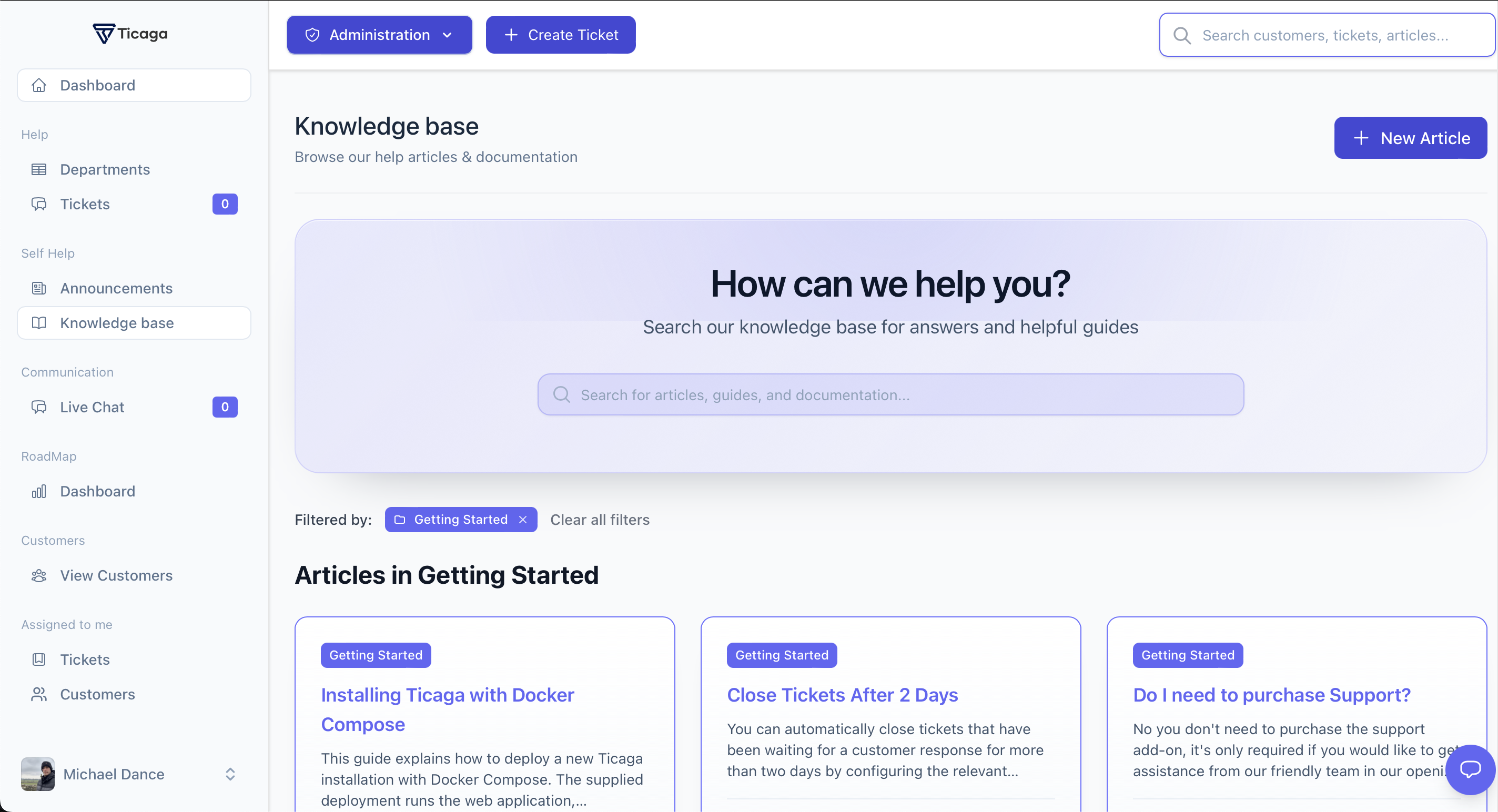 Ticaga knowledge base with article search and Getting Started articles